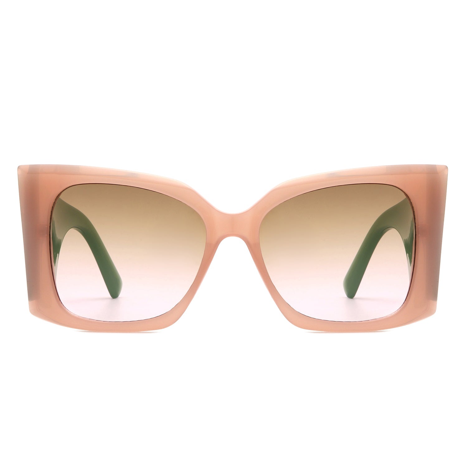 Skydusts Oversize Chunky Sunglasses with nude front frames and green side (front view).