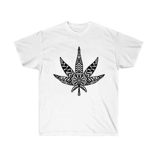White t-shirt with white mandala patterned cannabis leaf across chest - front view