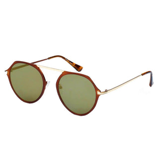 Modern Flat Top Slender Frame Sunglasses gold and maroon frame olive lens side view
