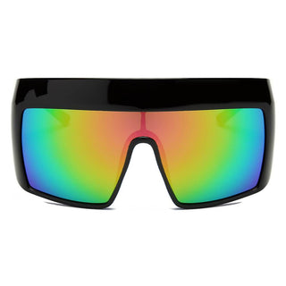 FOLSOM Oversize Shield Sunglasses with black frames and rainbow lens (front view).