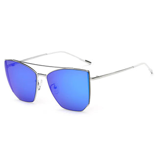 Polygon Cat Eye Mirrored Lens Sunglasses silver rim blue lens side view