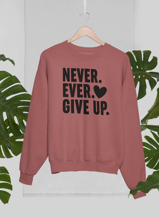 Mauve long sleeved sweatshirt with black lettering that says Never Ever Give up. with a black heart. 