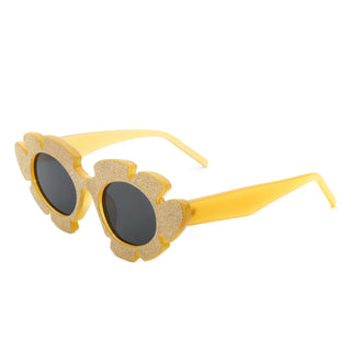 Quiveria Cut-Out Cat-Eye Flower Sunglasses with yellow glitter frames (side view)