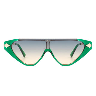 Zedillia Triangle Retro Sunglasses with green and gold frames (front view).