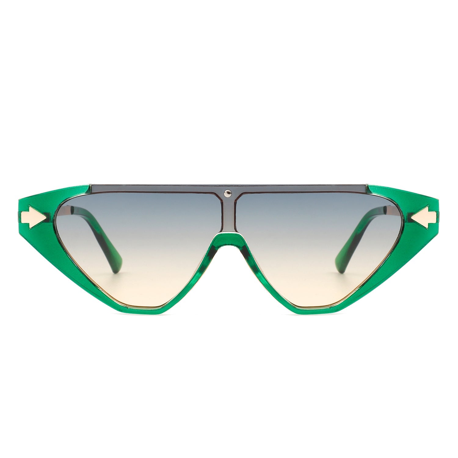 Zedillia Triangle Retro Sunglasses with green and gold frames (front view).