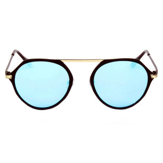 Modern Flat Top Slender Frame Sunglasses gold and black frame blue lens front view
