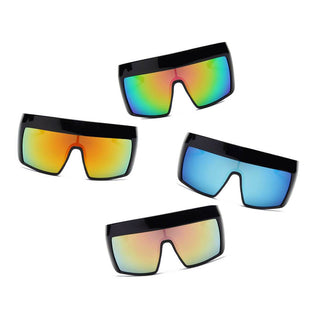 4 FOLSOM Oversize Shield Sunglasses lens colors (rainbow, orange, peach, blue) with black frames (front view).