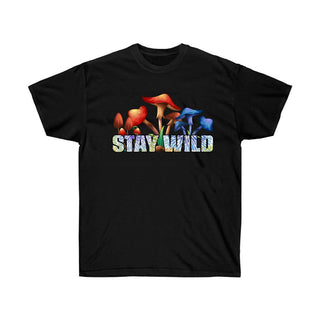 Black t-shirt with red and blue mushrooms and text saying "Stay Wild" across chest - front view