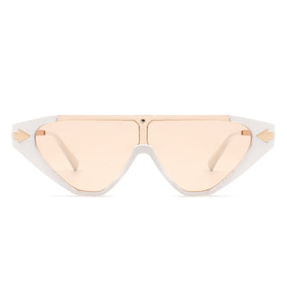 Zedillia Triangle Retro Sunglasses with white and gold frames and nude lens (front view).