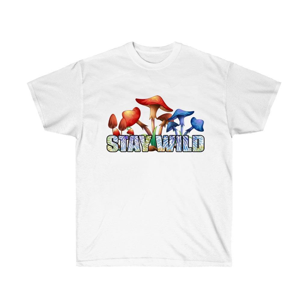 White  t-shirt with red and blue mushrooms and text saying "Stay Wild" across chest - front view