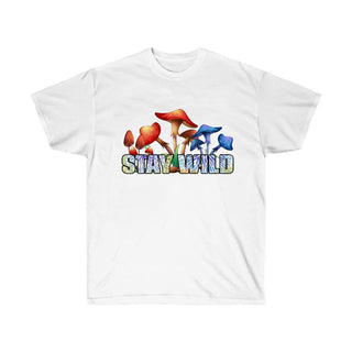 White  t-shirt with red and blue mushrooms and text saying "Stay Wild" across chest - front view