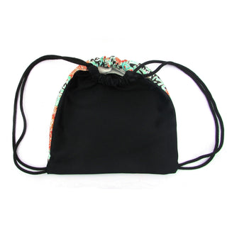 Garden Drawstring Backpack in green, orange white, and black floral pattern with black straps and black back