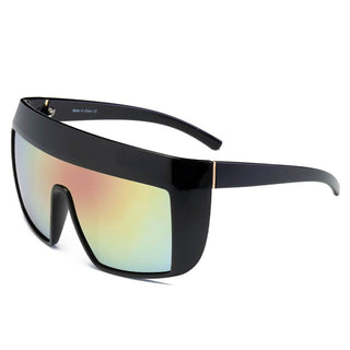 FOLSOM Oversize Shield Sunglasses with black frames and peach lens (side view).