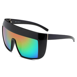 FOLSOM Oversize Shield Sunglasses with black frames and rainbow lens (side view).