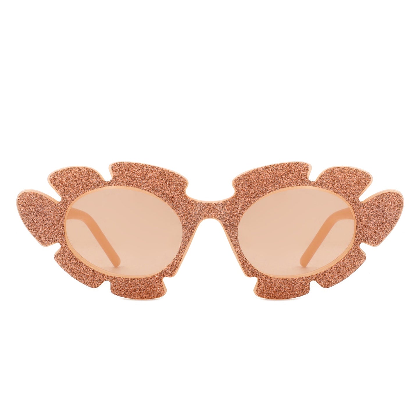 Quiveria Cut-Out Cat-Eye Flower Sunglasses with light pink glitter frames (front view)