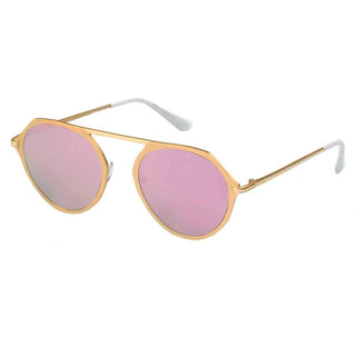 Modern Flat Top Slender Frame Sunglasses gold frame pink lens side view