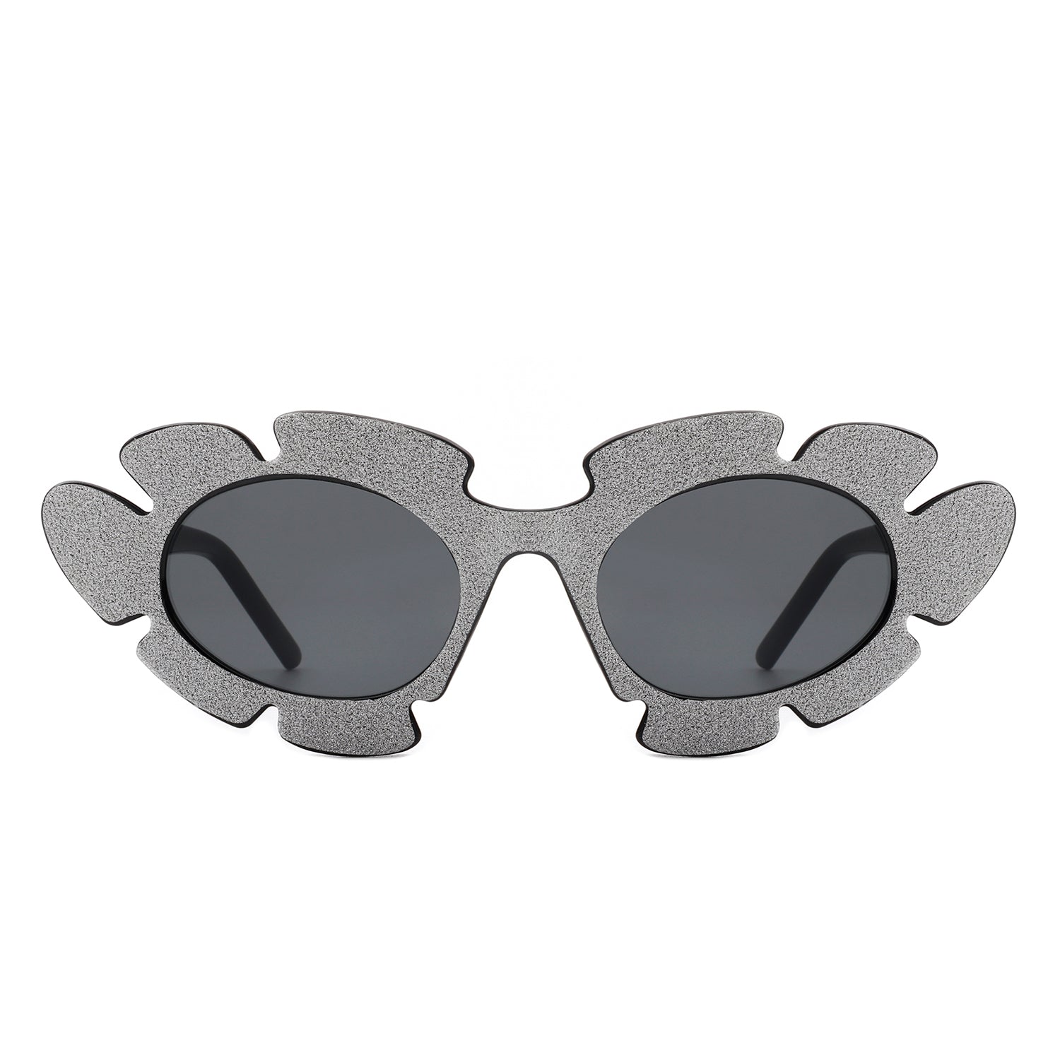 Quiveria Cut-Out Cat-Eye Flower Sunglasses with silver glitter frames (front view)