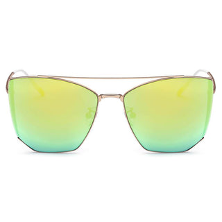 Polygon Cat Eye Mirrored Lens Sunglasses matte gold rim green lens front view