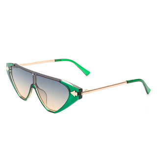 Zedillia Triangle Retro Sunglasses with green and gold frames (side view).