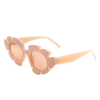 Quiveria Cut-Out Cat-Eye Flower Sunglasses with light pink glitter frames (side view)