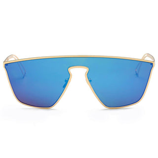 Geometric Flat Lens Sunglasses gold frame blue lens front view