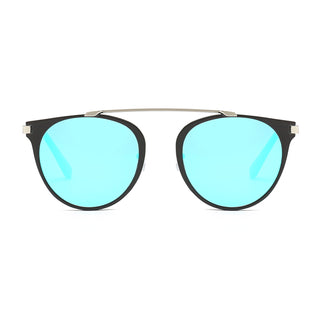 Modern Horn Rimmed Metal Frame Sunglasses silver, black frame, blue lens front view